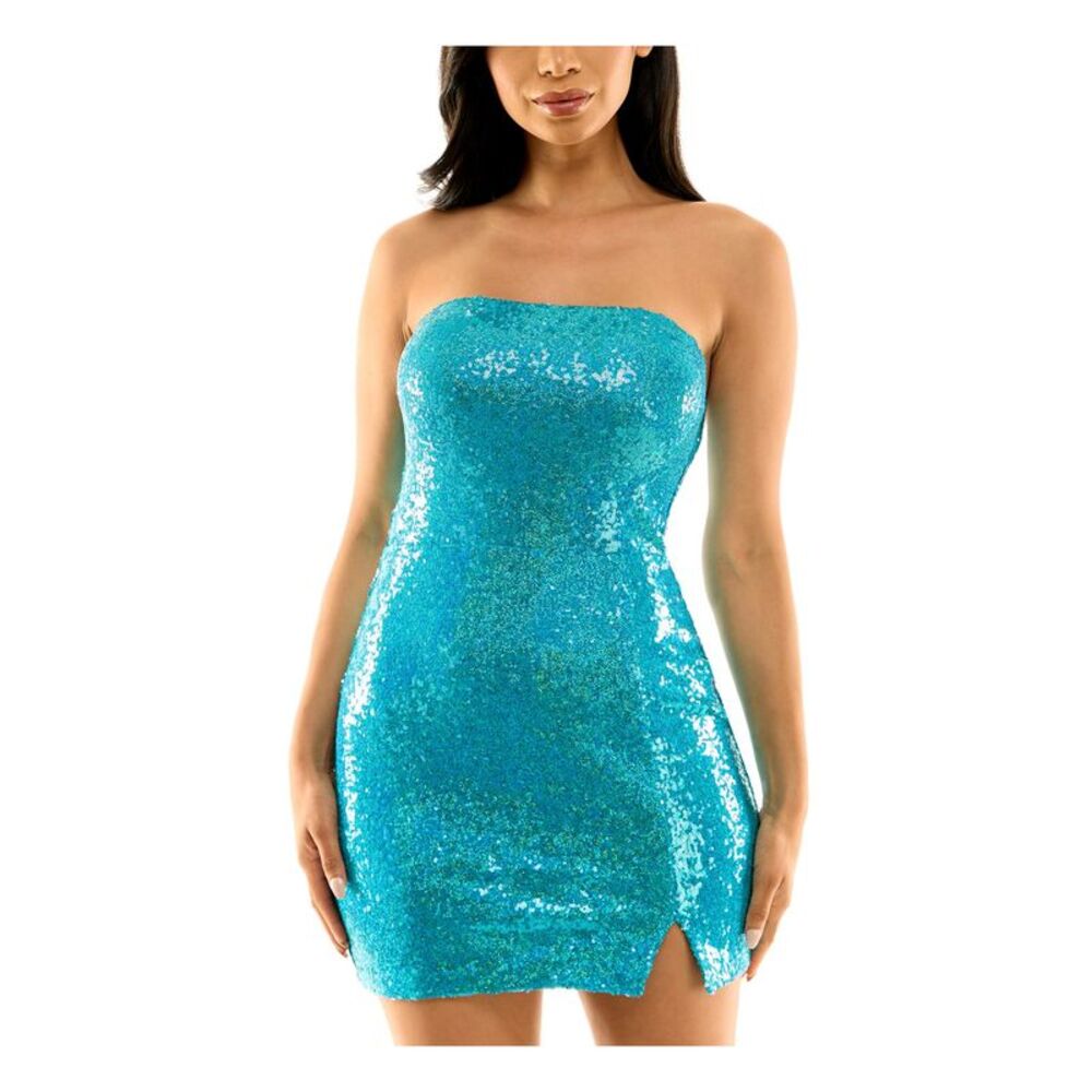 B DARLIN Womens Turquoise Lined Boning Slit Sleeveless Mini Dress 15\16
